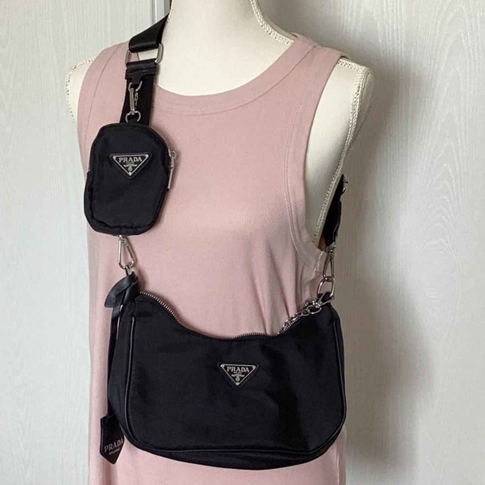 Black Nylon Crossbody Bag with Mini Pouch